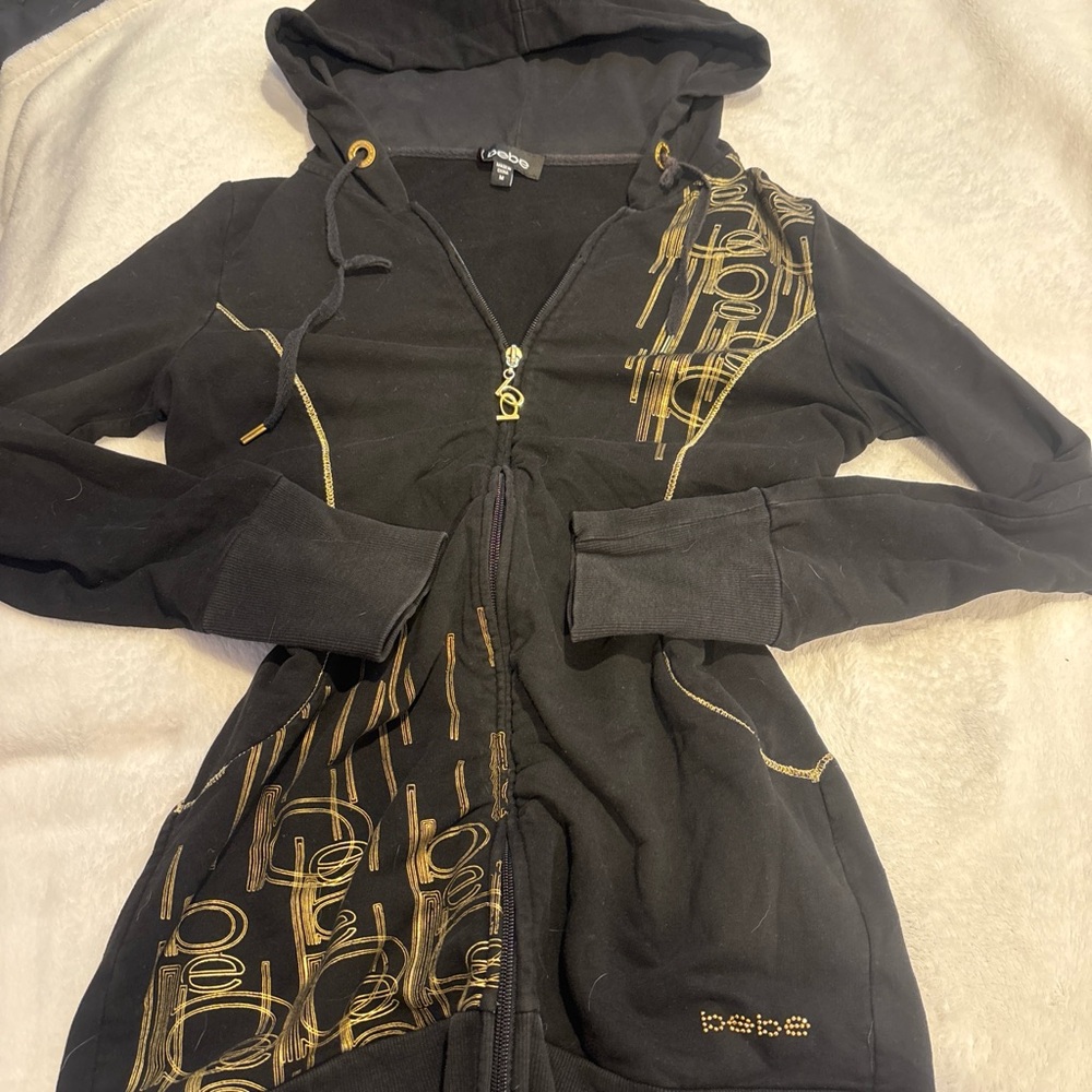 Bebe Women's Black Hoodie with Gold Detailing